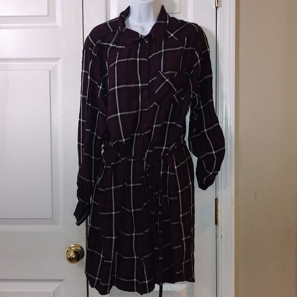 Capsule deep purple black white flannel look button down belted dress  Sz 20 - Picture 1 of 7